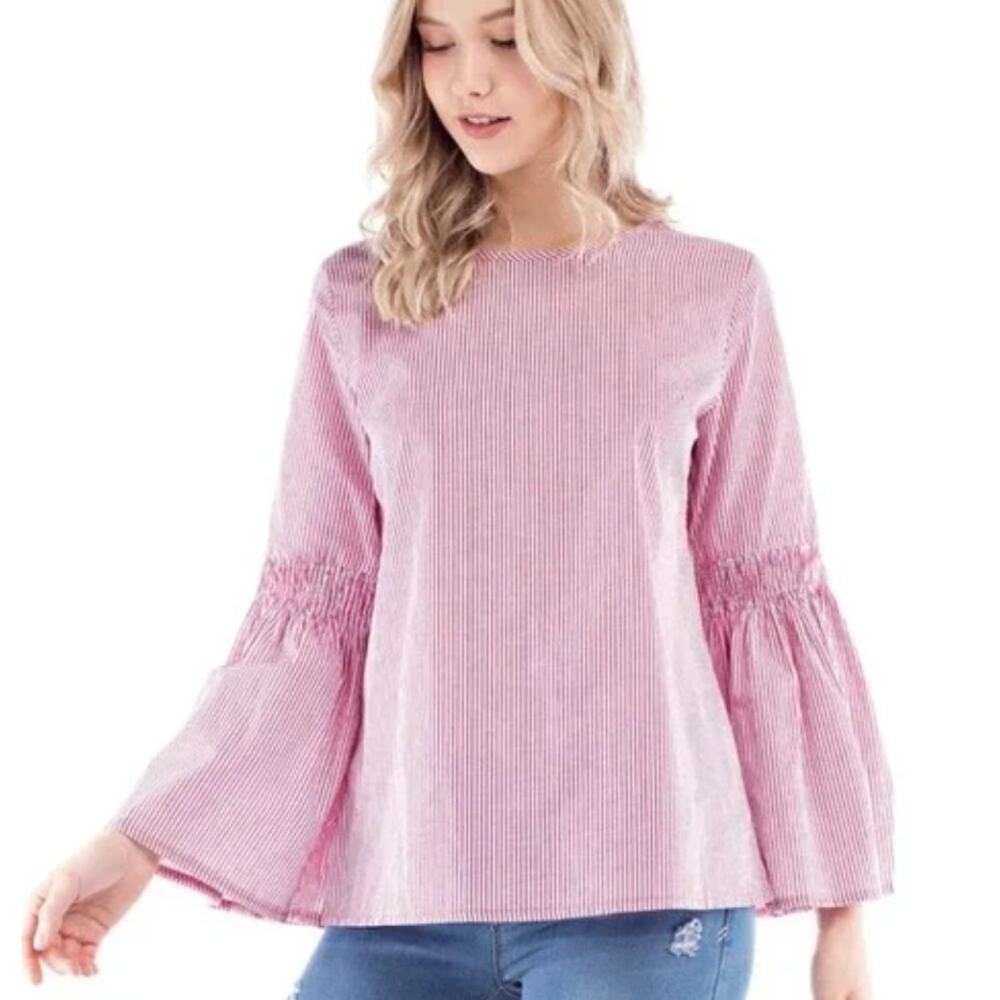 Solitaire Dark Pink Pinstripe Bell‎ Sleeve Blouse Sz S Cotton Blend Flared
